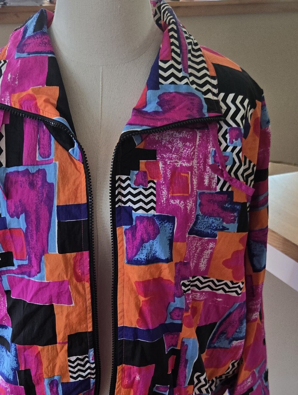 Vibrant Abstract Print Windbreaker Pants And Jacket - Pink & Orange Razzle 90s